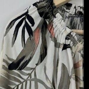 Old Navy Womans Tan Tropical Leaf Print Tie Neck Long Sleeve Tunic Blouse